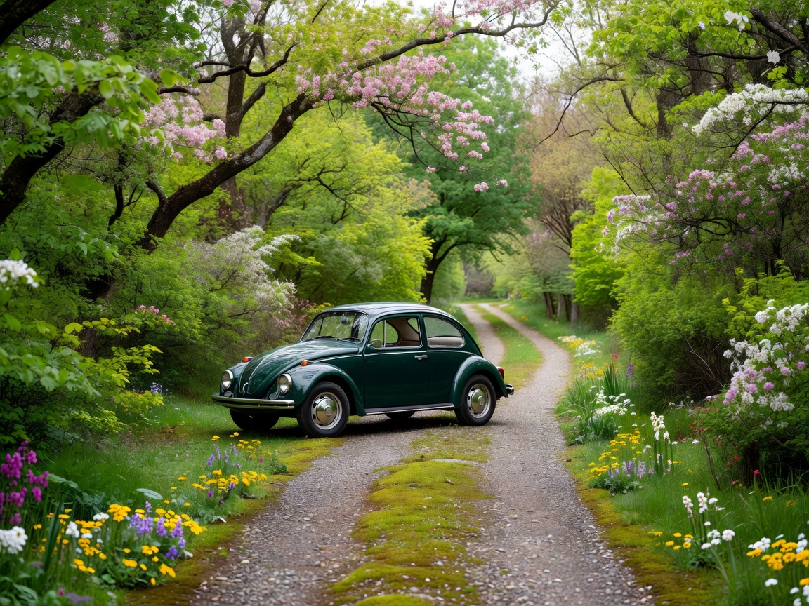 Fahrzeug im Frühling neben Bäumen